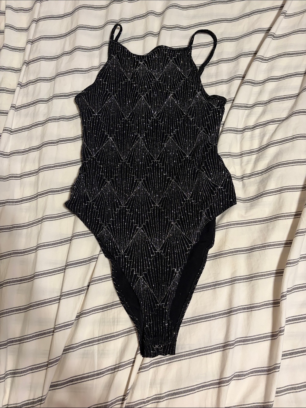 Divided Black Glitter Beaded Bodysuit